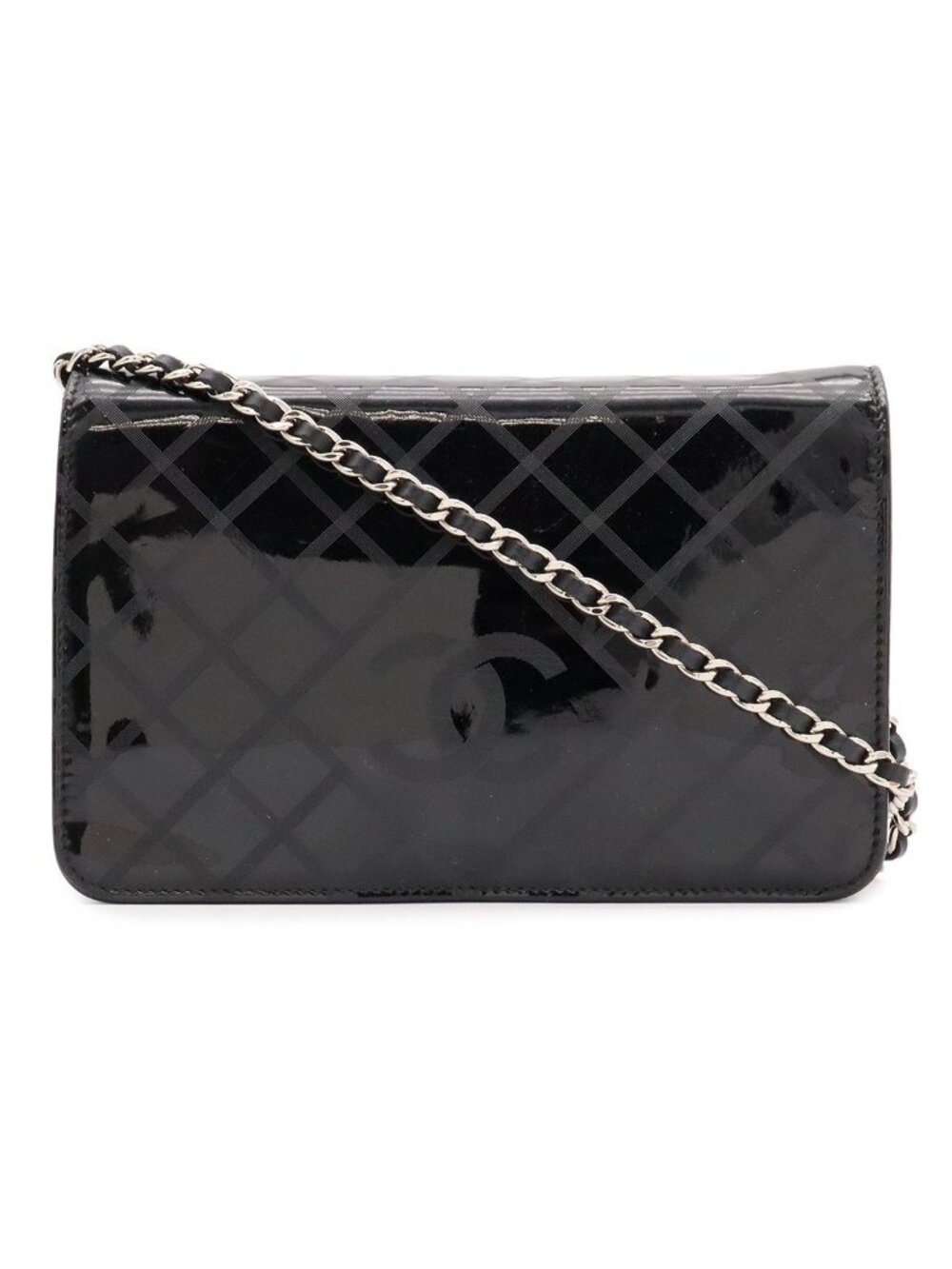 Chanel CC Logo Plaid Chain Wallet Shoulder Bag Pochette Patent Leather Black